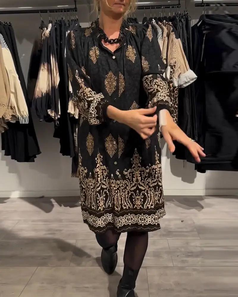 Vintage Print Shirt Dress – Long Lantern Sleeves, Lapel Collar & Button Front TARHUS Dresses