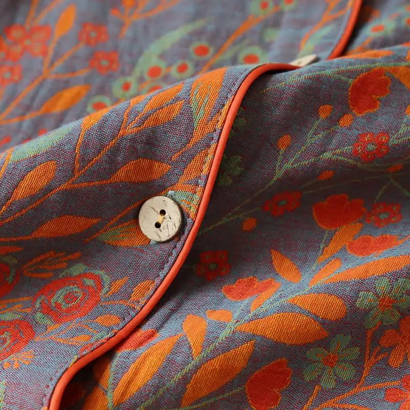 Vintage Leaf Cotton Lapel Loungewear Set - TARHUS