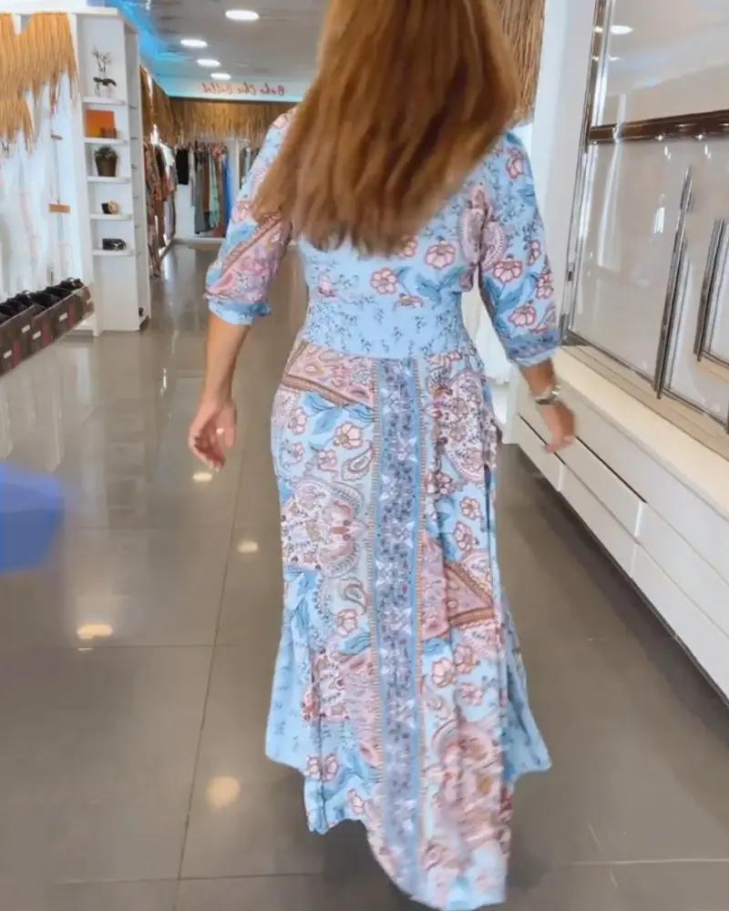 Boho V-Neck Maxi Dress for Women – Floral Holiday Dress with 3/4 Sleeves - TARHUS