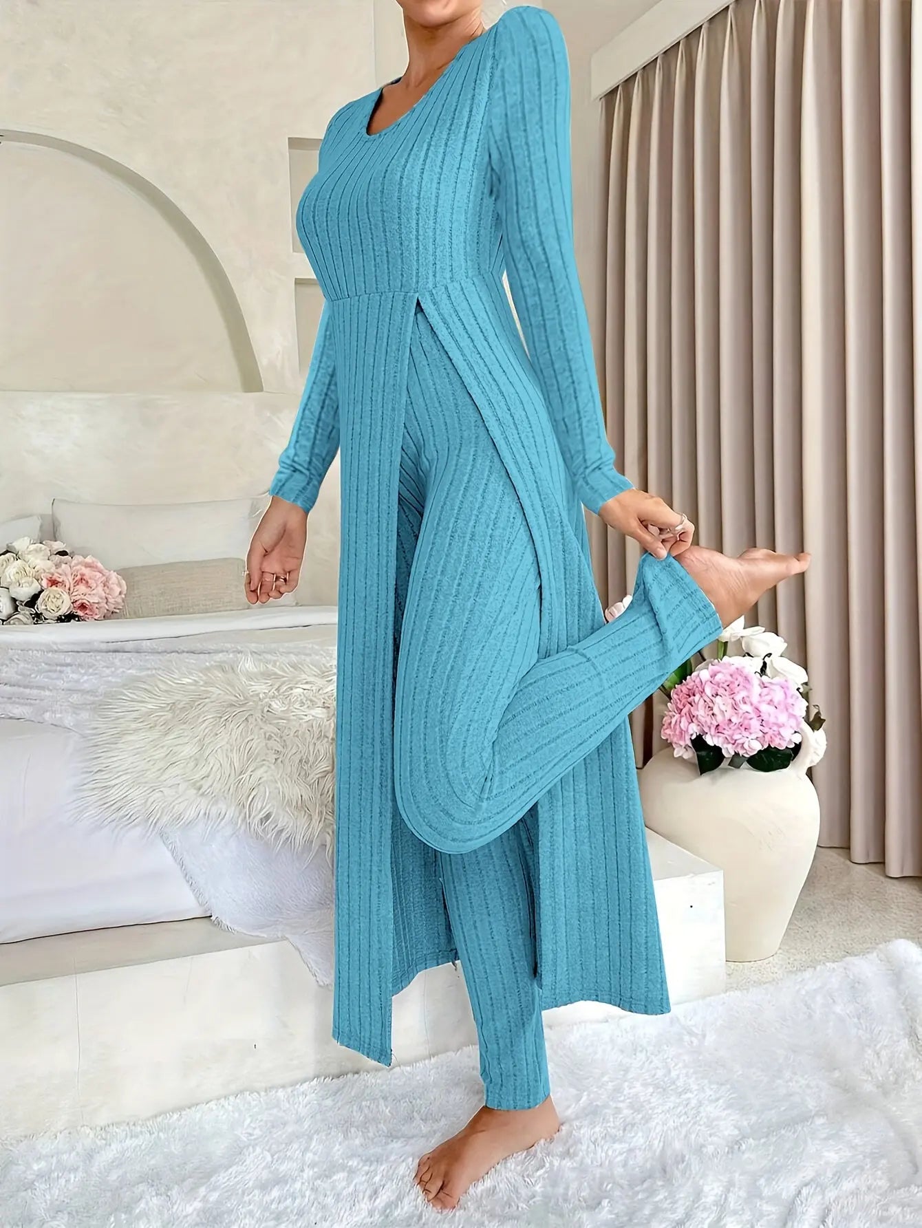 Women's Ribbed Lounge Set – Long Sleeve Top & Pants Two-Piece Outfit - TARHUS