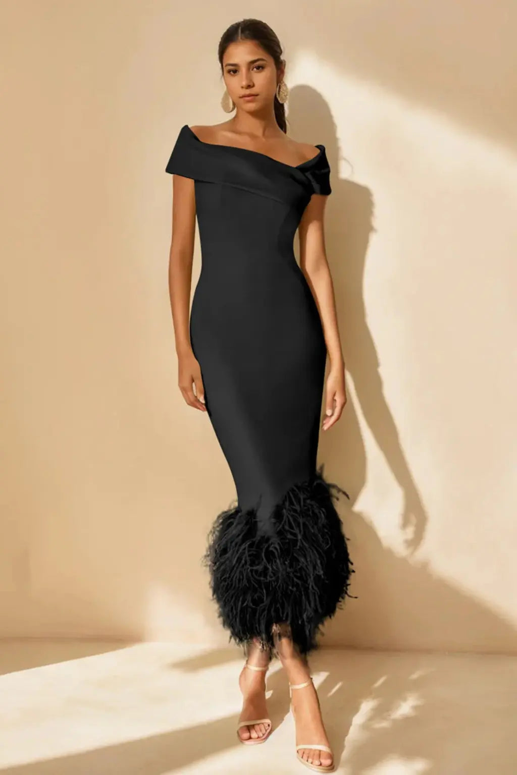 Verity | Women Off Shoulder Fitted Feather Hem Midi Wedding Guest Dress TARHUS Mother of the Bride Dresses