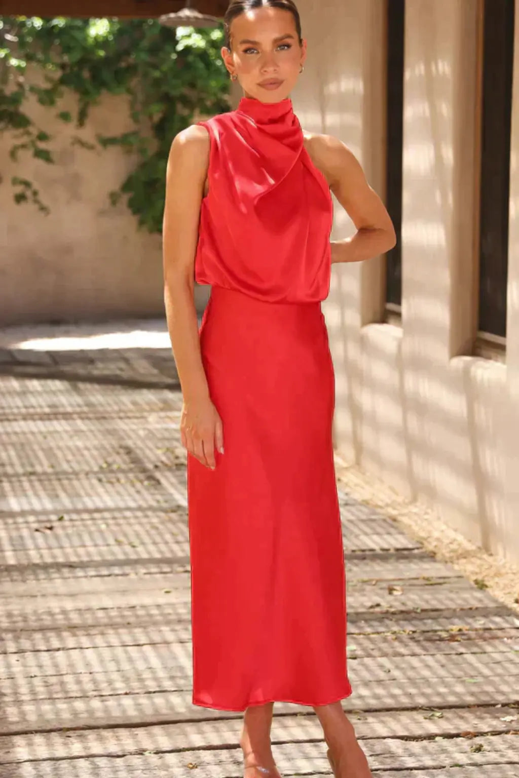 Amelina | Women Halter Neck Midi Dress Satin Wedding Guest Dress TARHUS