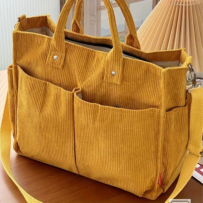 Corduroy Tote Bag for Women with Multi-Pockets – Casual Shoulder & Crossbody Handbag - TARHUS