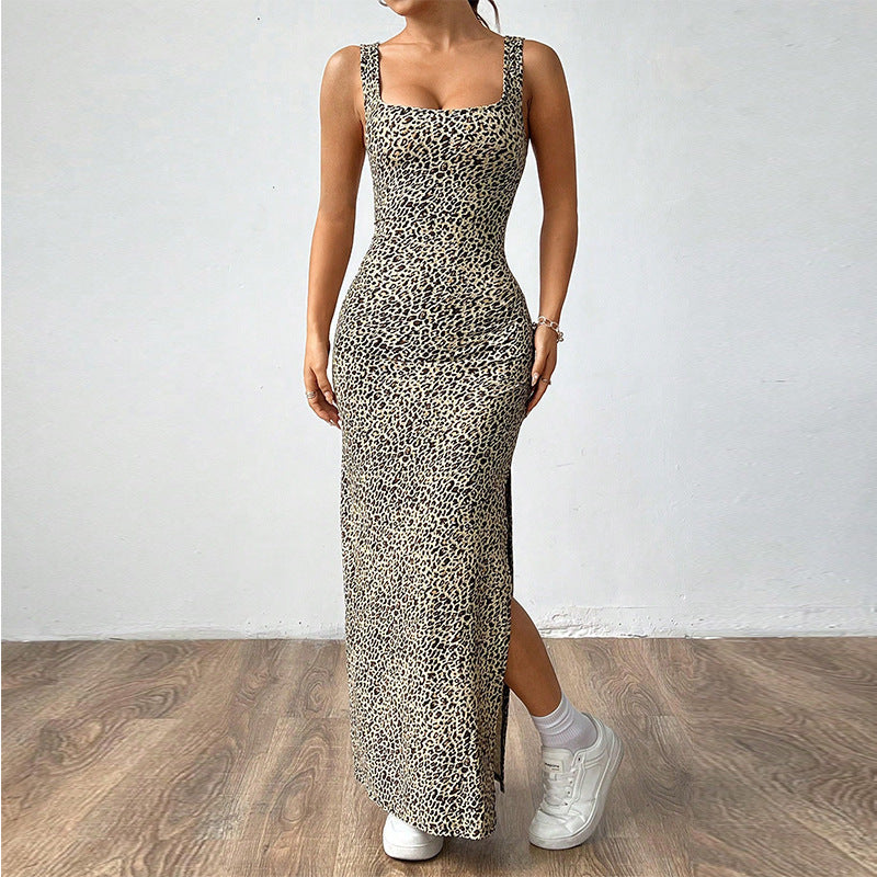 Women's Leopard Print Bodycon Maxi Dress with Side Slit TARHUS Maxi Dress