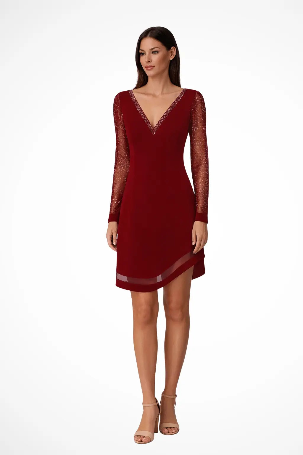 Aureline | Women Wedding Guest V Neck Midi Dress with Sheer Long Sleeves TARHUS Midi Dress