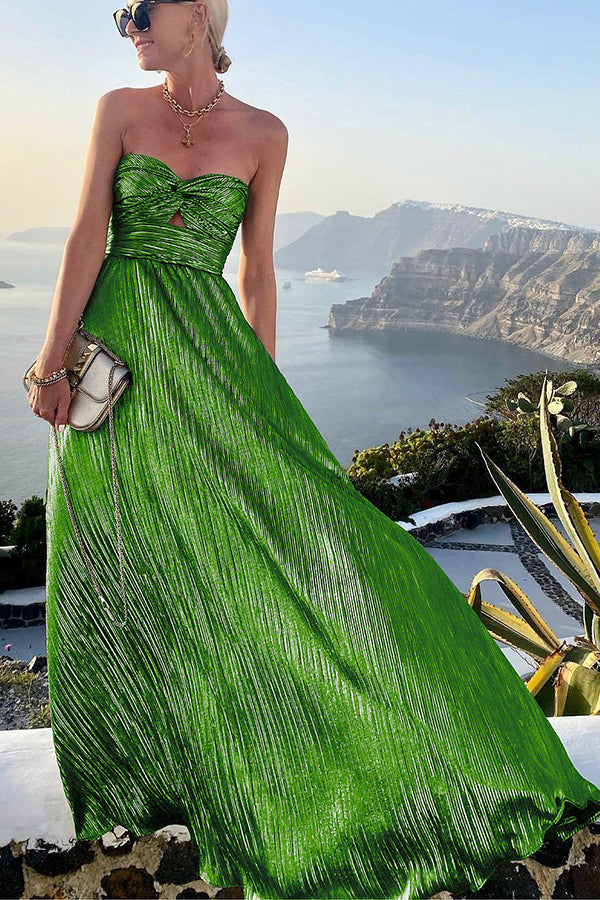 Elegant Strapless A-Line Evening Gown with Pleated Metallic Design TARHUS Maxi Dresses (Women)