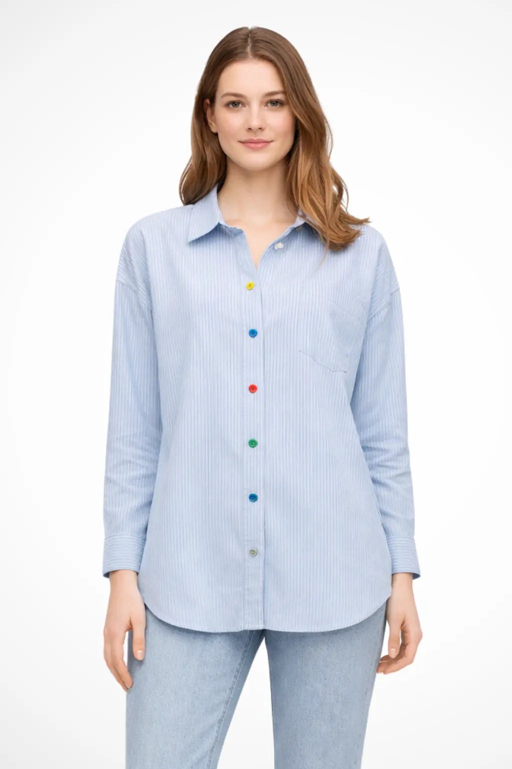 Elodie | Women Oversized Long Sleeve Striped Button Down Denim Shirt TARHUS Blouses