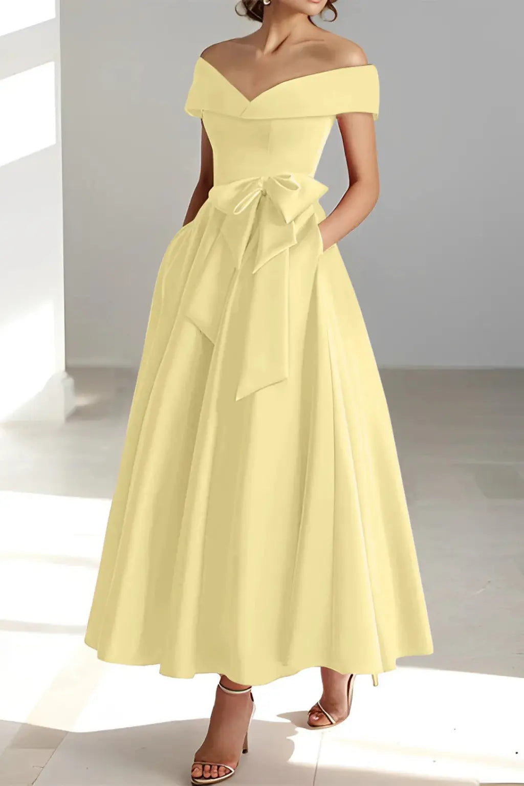 Arabella | Women Off Shoulder Bow Waist A Line Midi Wedding Guest Dress TARHUS Mother of the Bride Dresses