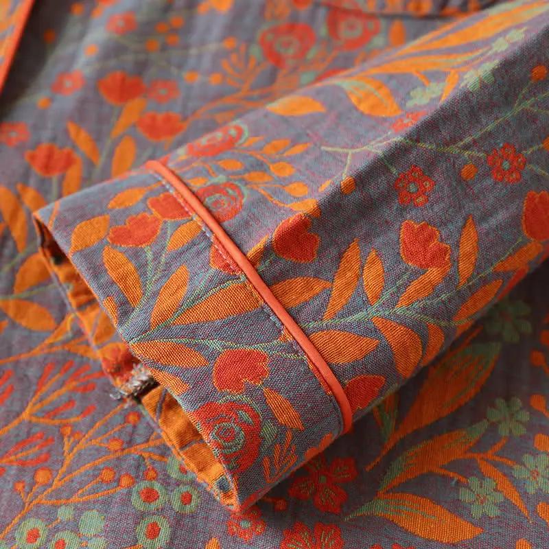 Vintage Leaf Cotton Lapel Loungewear Set - TARHUS