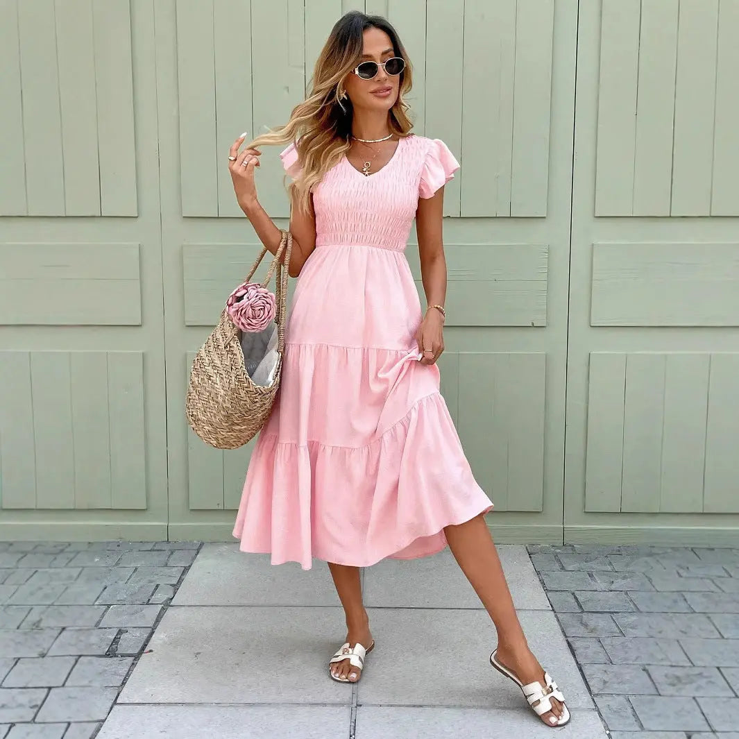 Flowing Pink Midi Dress with Smocked Bodice for Women TARHUS SS - Womens - Maxi Dress