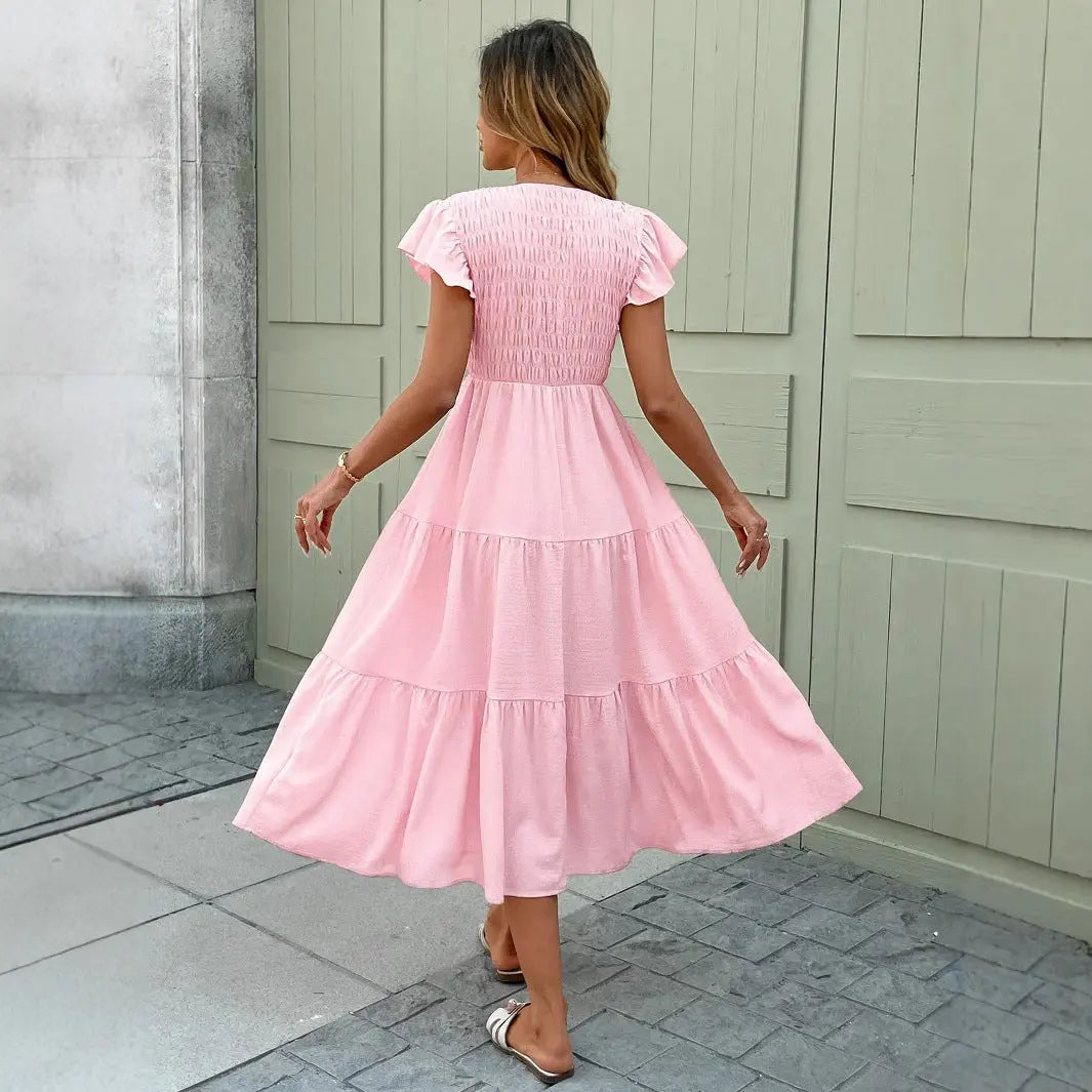 Flowing Pink Midi Dress with Smocked Bodice for Women TARHUS SS - Womens - Maxi Dress