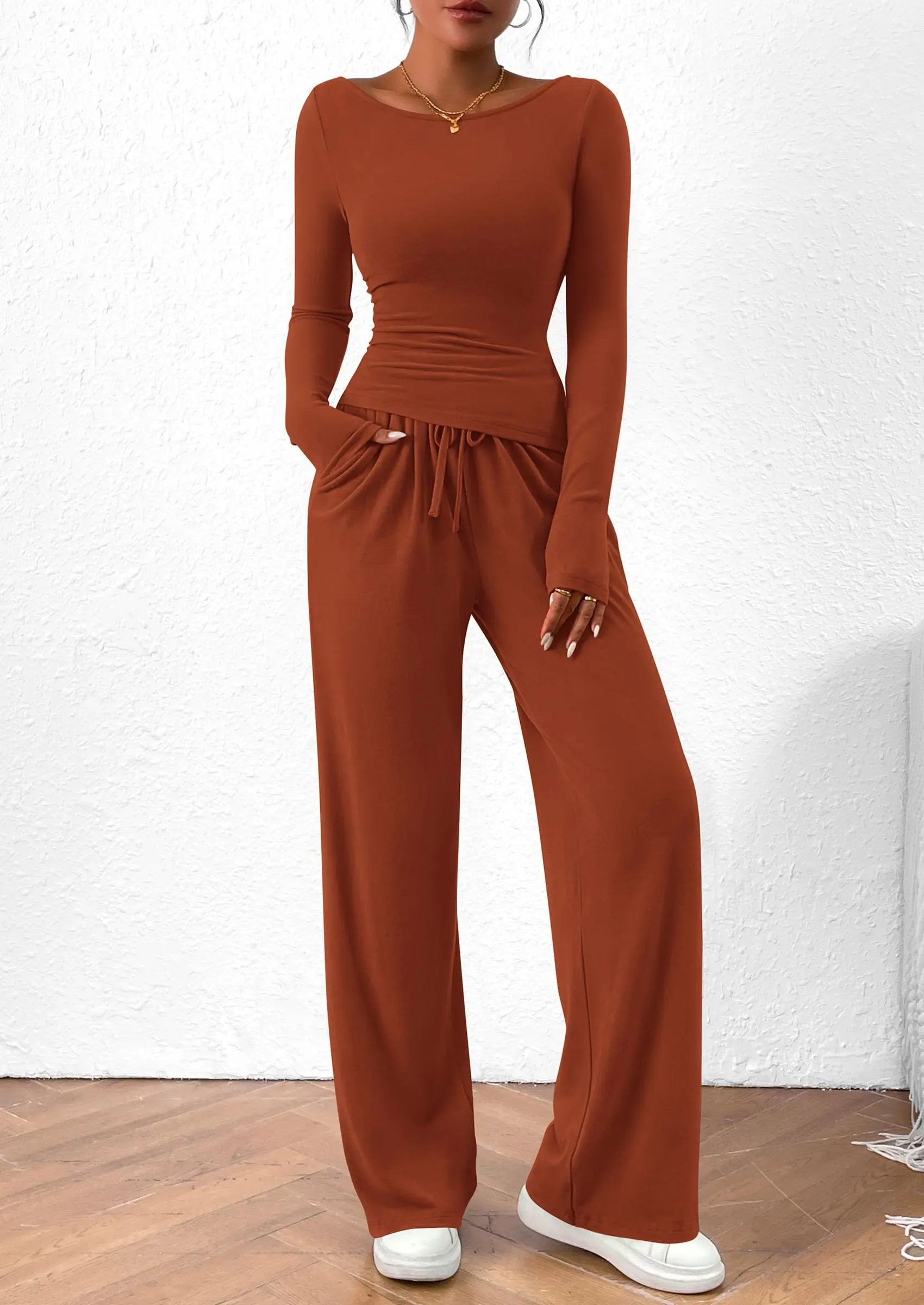 Long Sleeve T-Shirt Wide Leg Pants Casual 2 Piece Sets - TARHUS