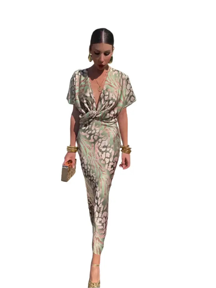 Camilla's Wrap Midi Dress with Draped Neckline and Short Sleeves - TARHUS