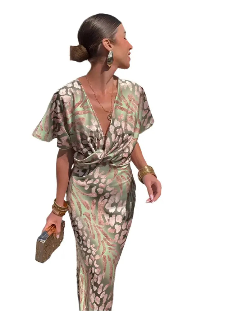 Camilla's Wrap Midi Dress with Draped Neckline and Short Sleeves - TARHUS