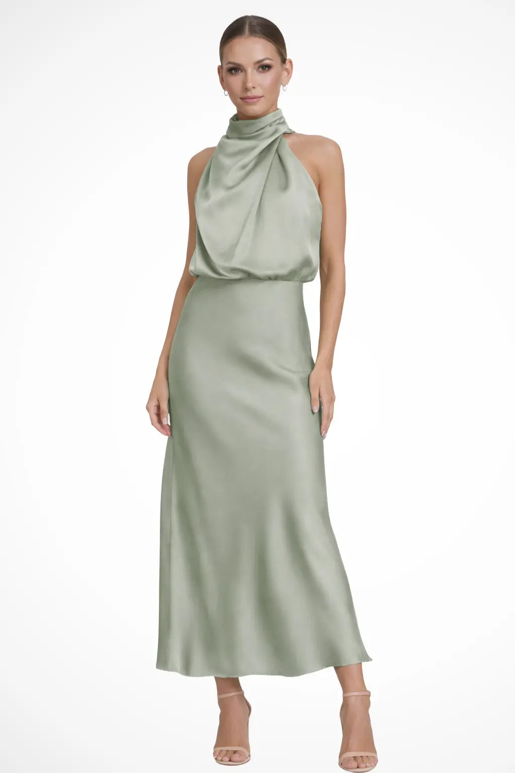 Amelina | Women Halter Neck Midi Dress Satin Wedding Guest Dress TARHUS