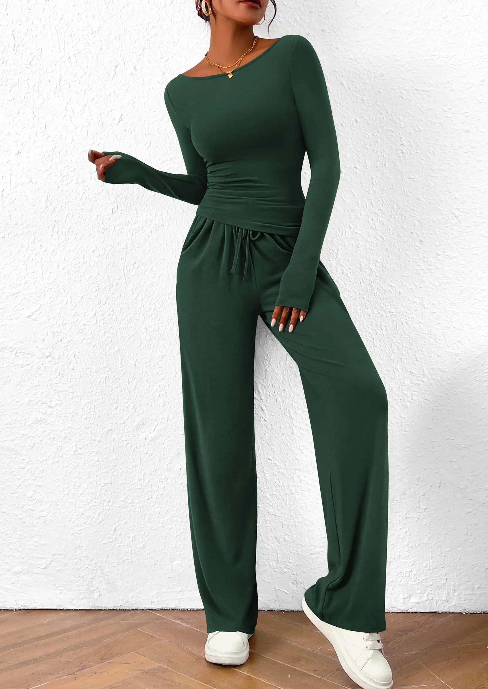Long Sleeve T-Shirt Wide Leg Pants Casual 2 Piece Sets - TARHUS