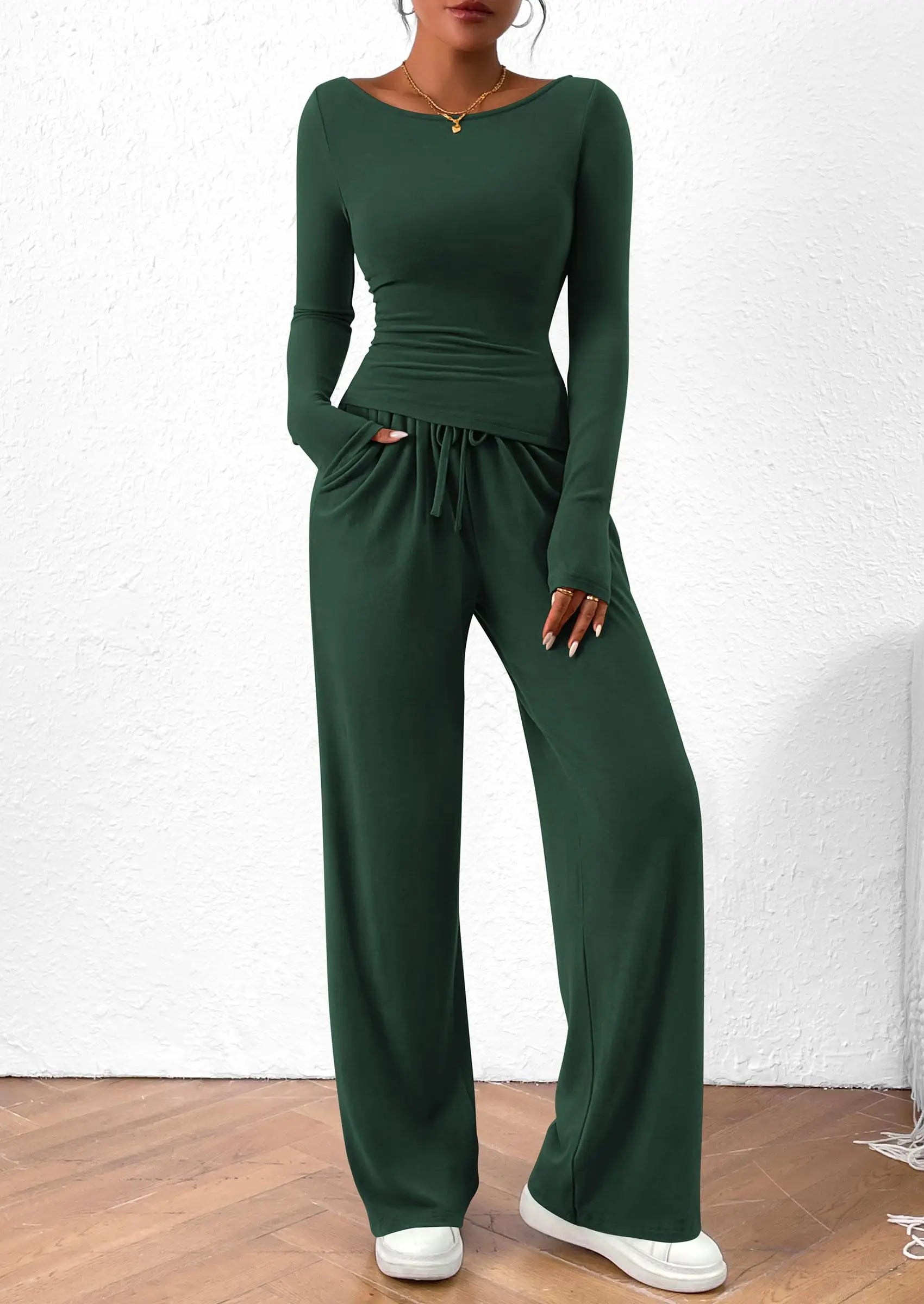 Long Sleeve T-Shirt Wide Leg Pants Casual 2 Piece Sets - TARHUS