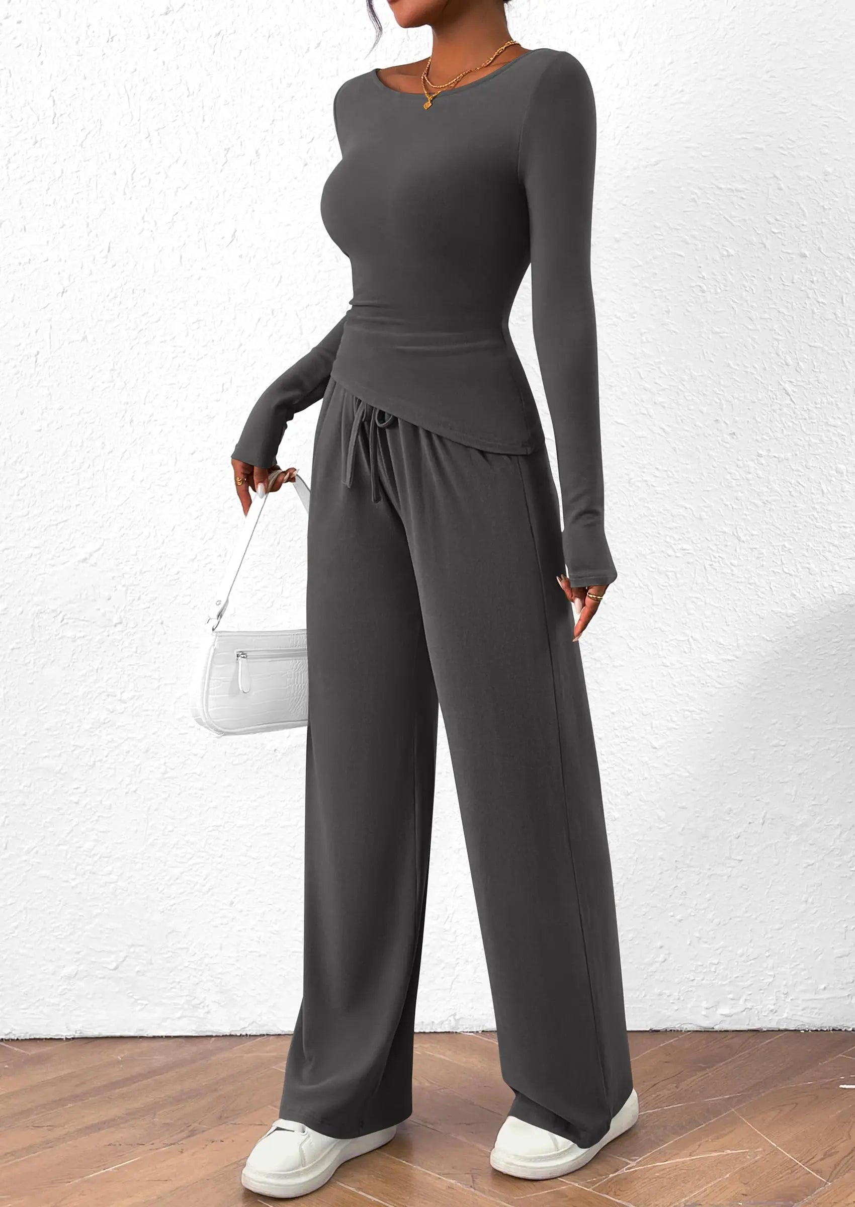 Long Sleeve T-Shirt Wide Leg Pants Casual 2 Piece Sets - TARHUS