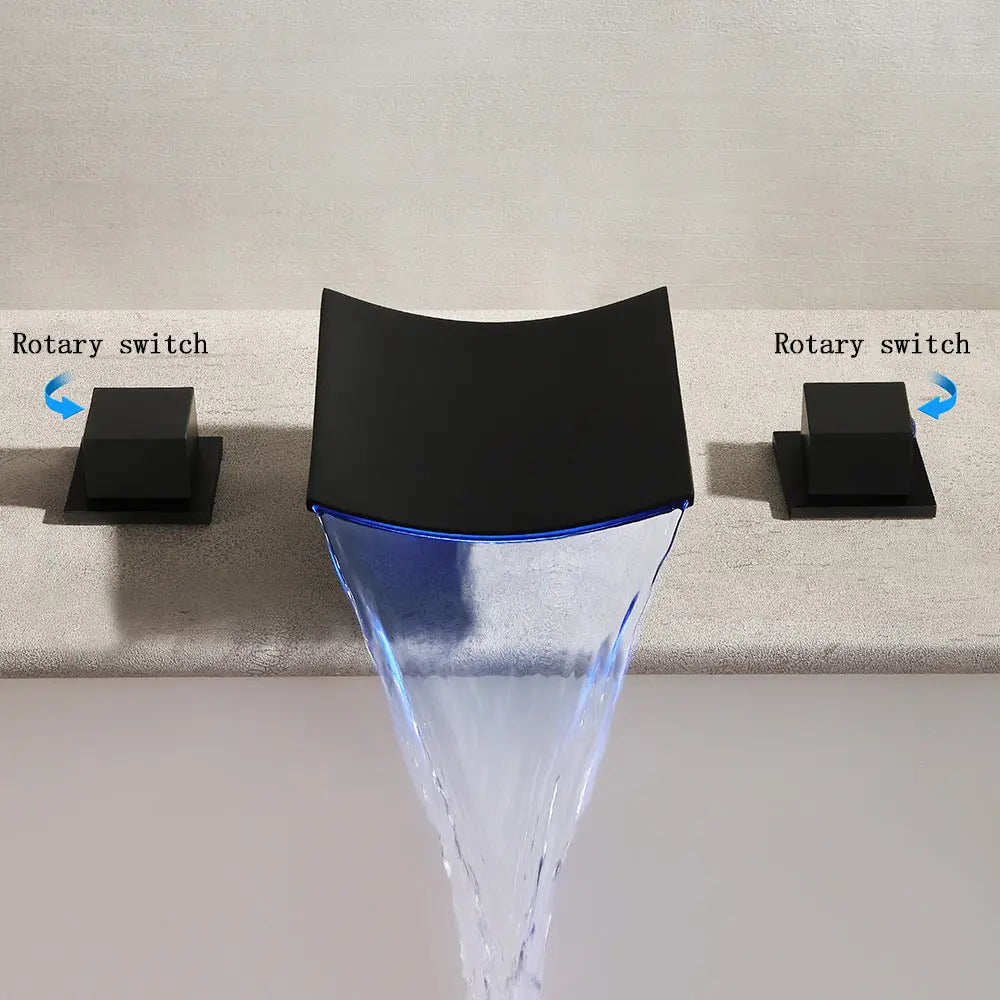 LED Waterfall Bathroom Faucet – Modern Dual Handle Widespread Design In Matte Black - TARHUS
