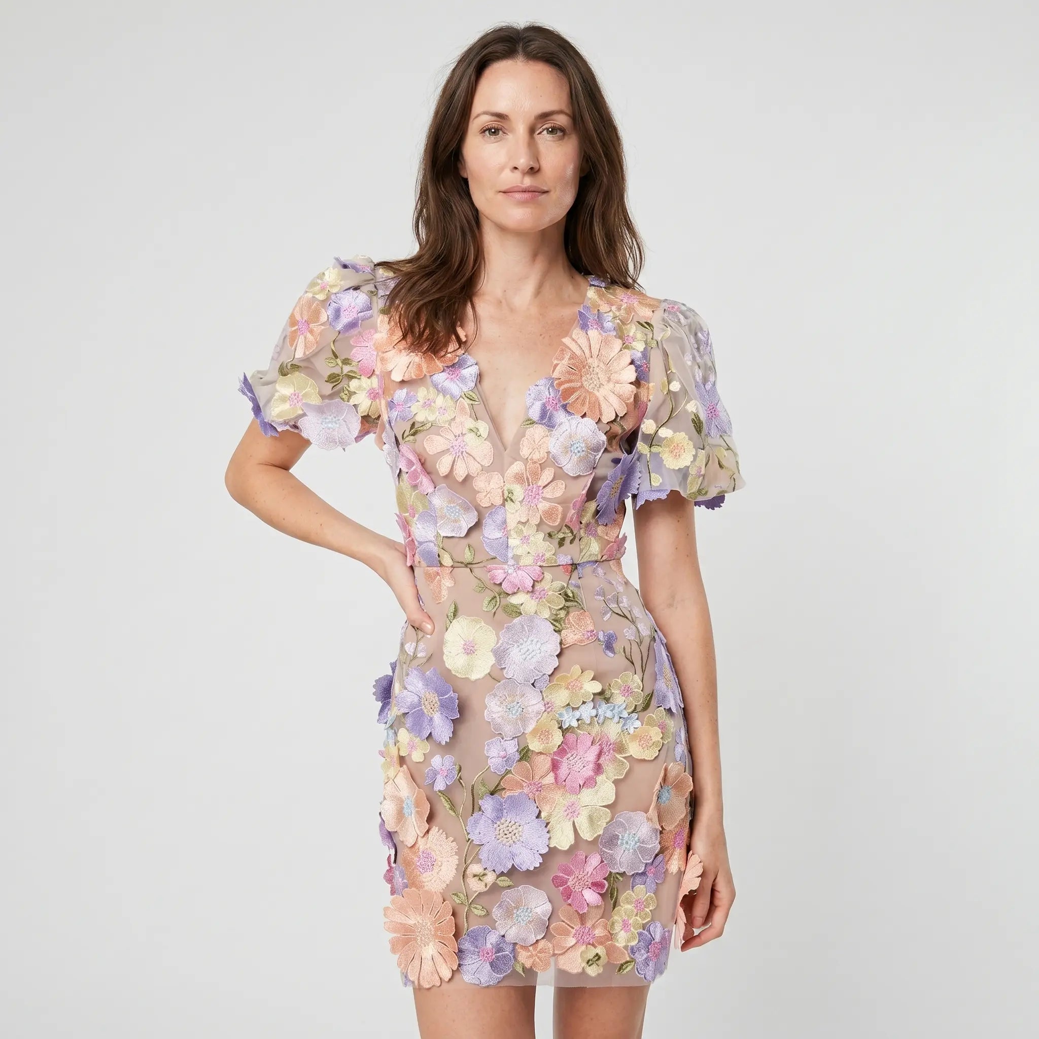 Sheer Floral Mesh Mini Dress with Puff Sleeves for Women TARHUS SS - Womens - Mini Dress