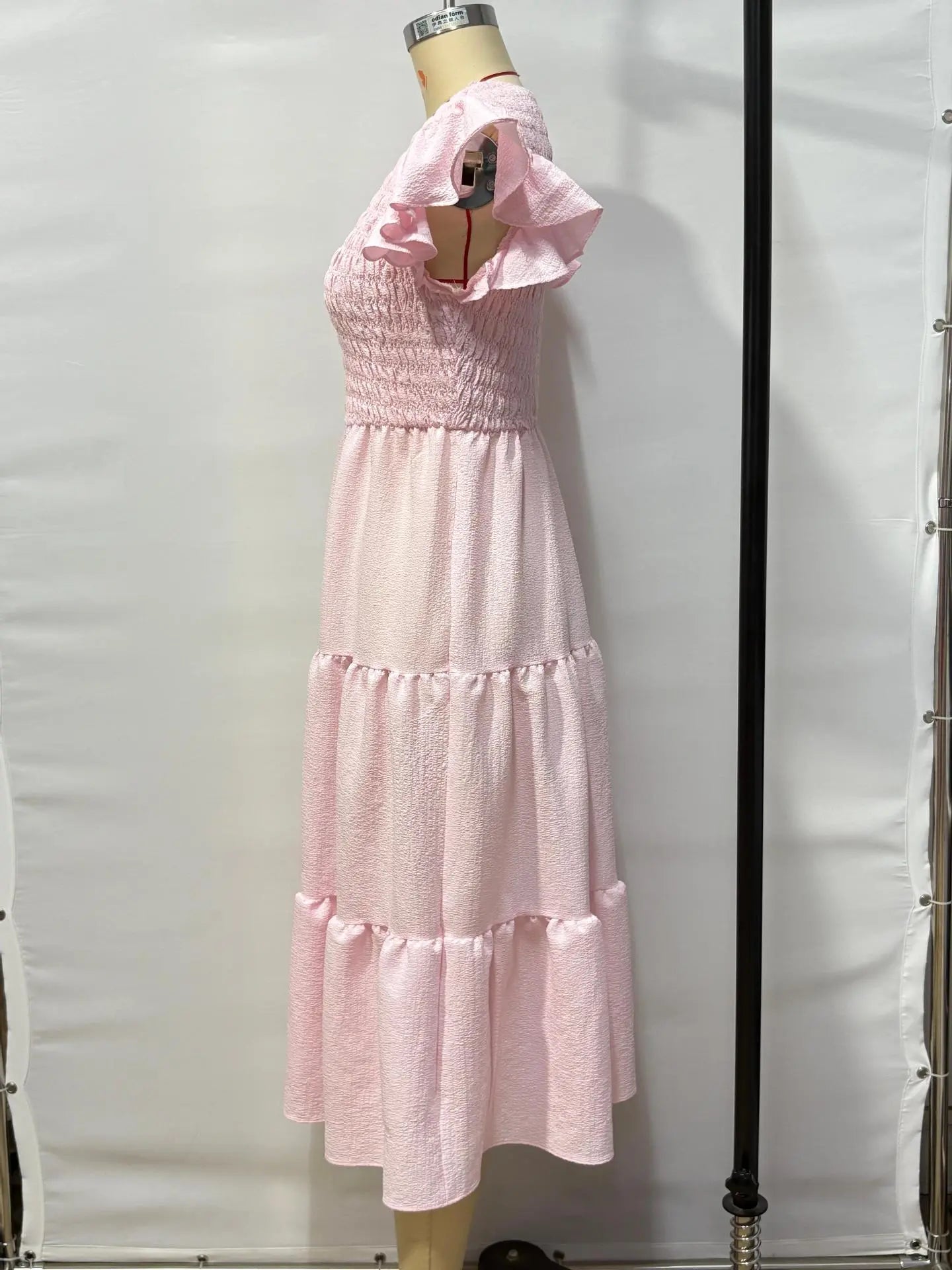 Flowing Pink Midi Dress with Smocked Bodice for Women TARHUS SS - Womens - Maxi Dress