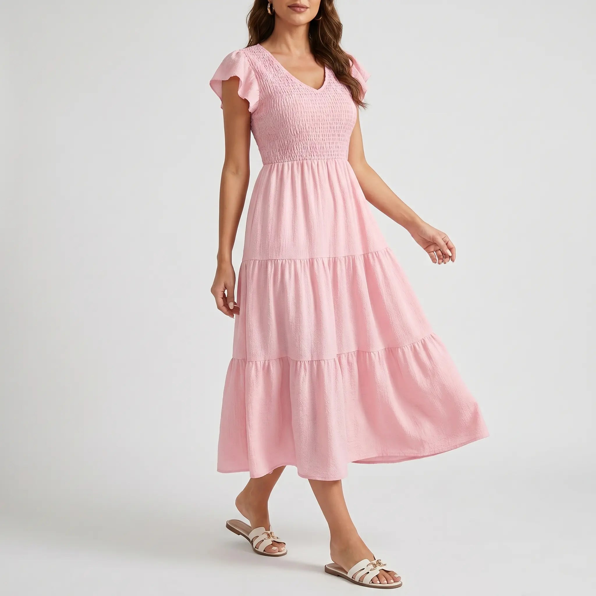 Flowing Pink Midi Dress with Smocked Bodice for Women TARHUS SS - Womens - Maxi Dress