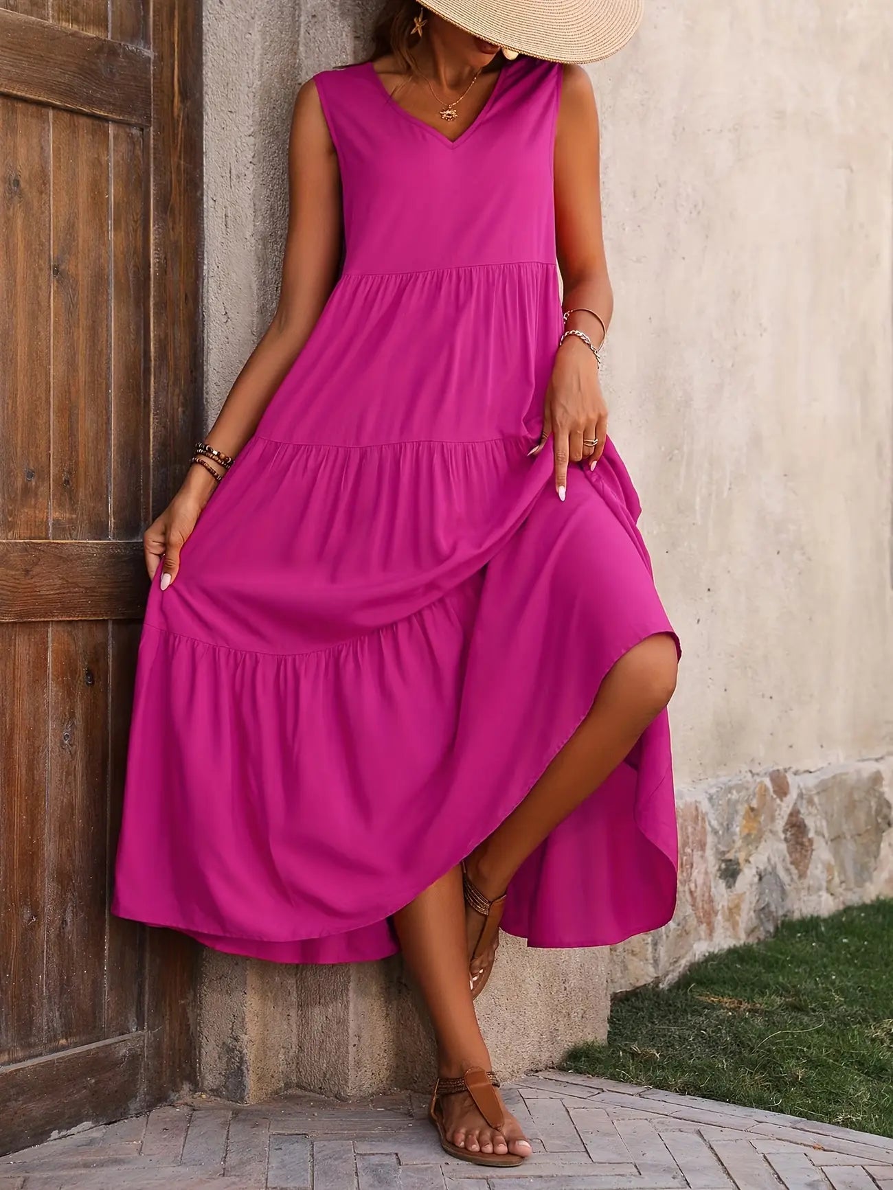 Flowing Tiered Maxi Dress with V-Neck for Women TARHUS SS - Womens - Maxi Dress