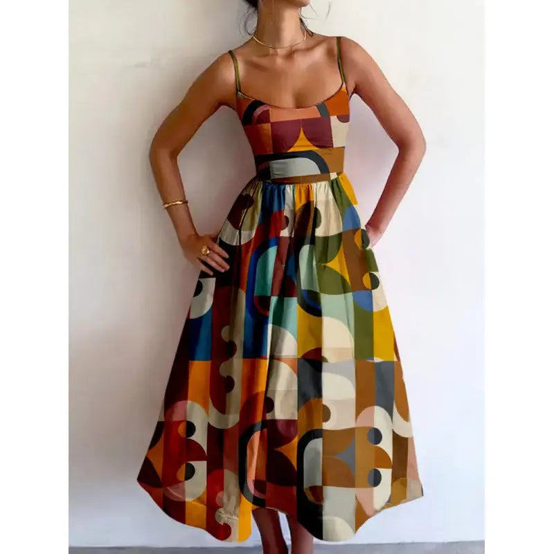Geometric Print Midi Dress with Spaghetti Straps for Women TARHUS SS - Womens - Midi Dress