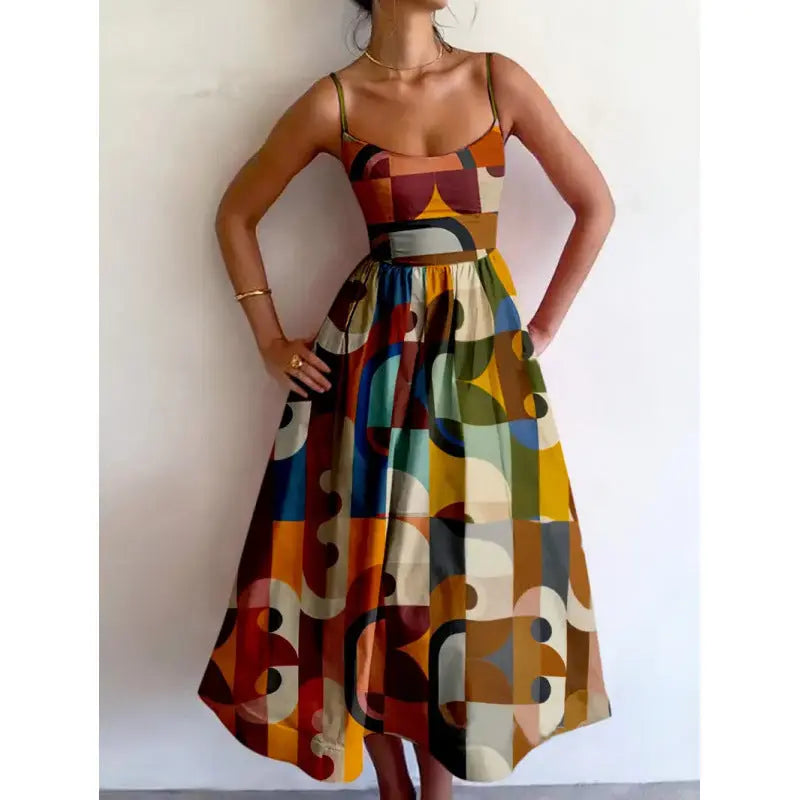 Geometric Print Midi Dress with Spaghetti Straps for Women TARHUS SS - Womens - Midi Dress