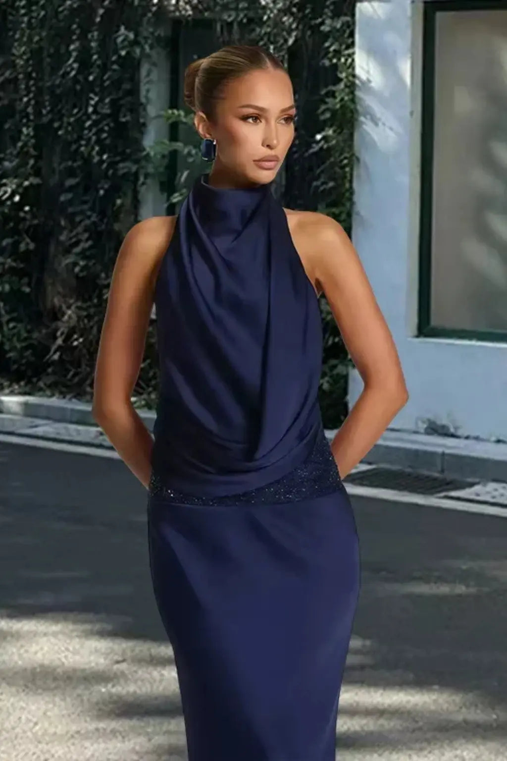 Ottilie | Women Halter Neck Draped Satin Wedding Guest Maxi Dress TARHUS