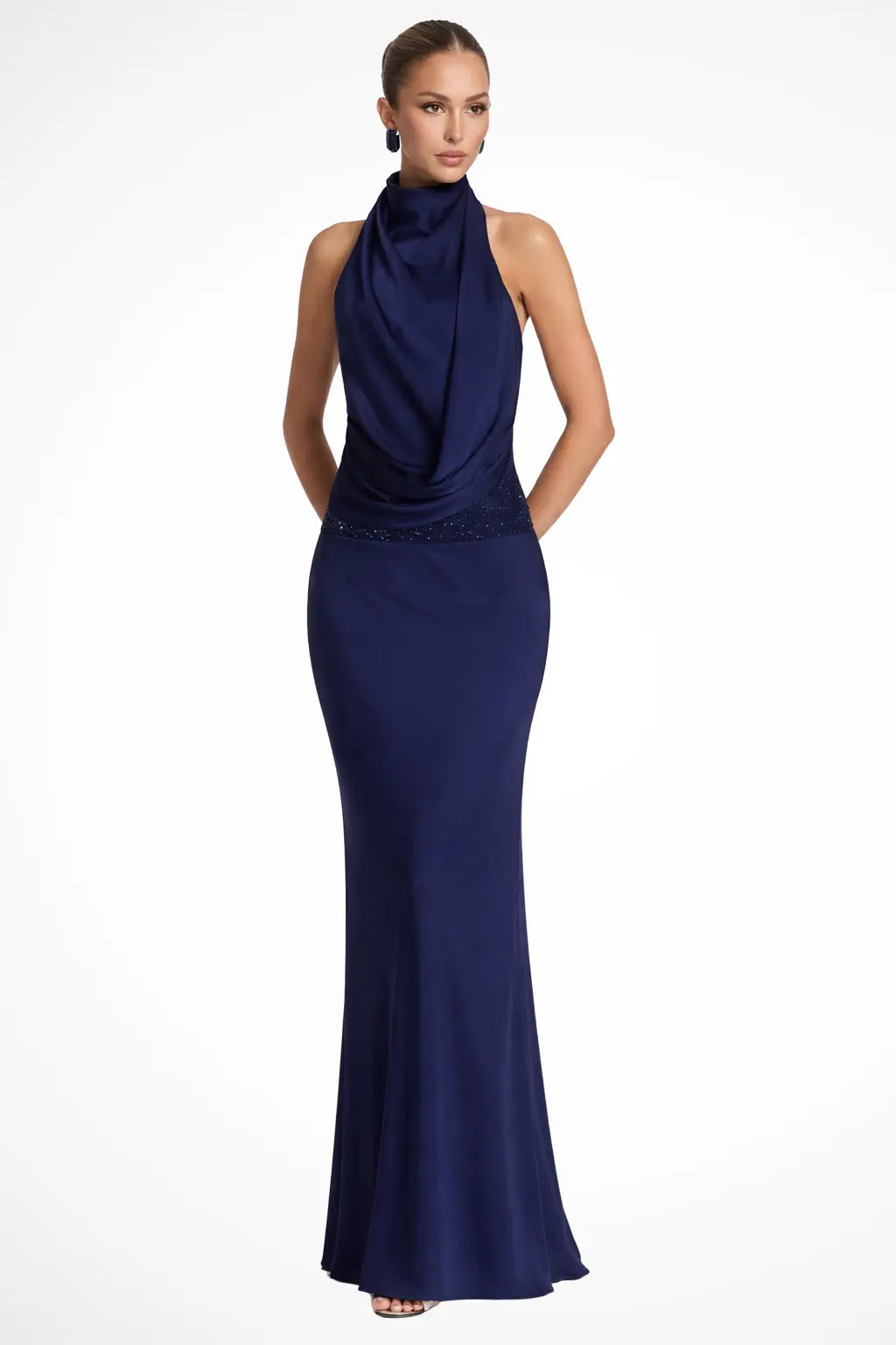 Ottilie | Women Halter Neck Draped Satin Wedding Guest Maxi Dress TARHUS