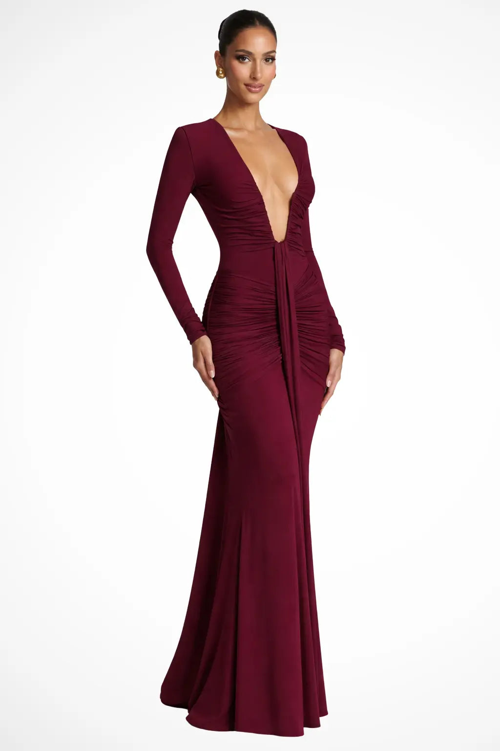 Margot | Women Long Sleeve Deep V Neck Ruched Fitted Maxi Wedding Guest Dress TARHUS