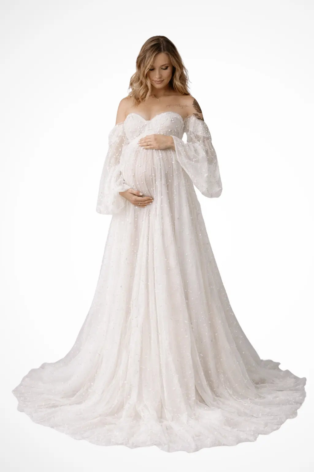 Celestine | Women Tulle Off Shoulder Maternity Maxi Dress with Pearl Detail TARHUS