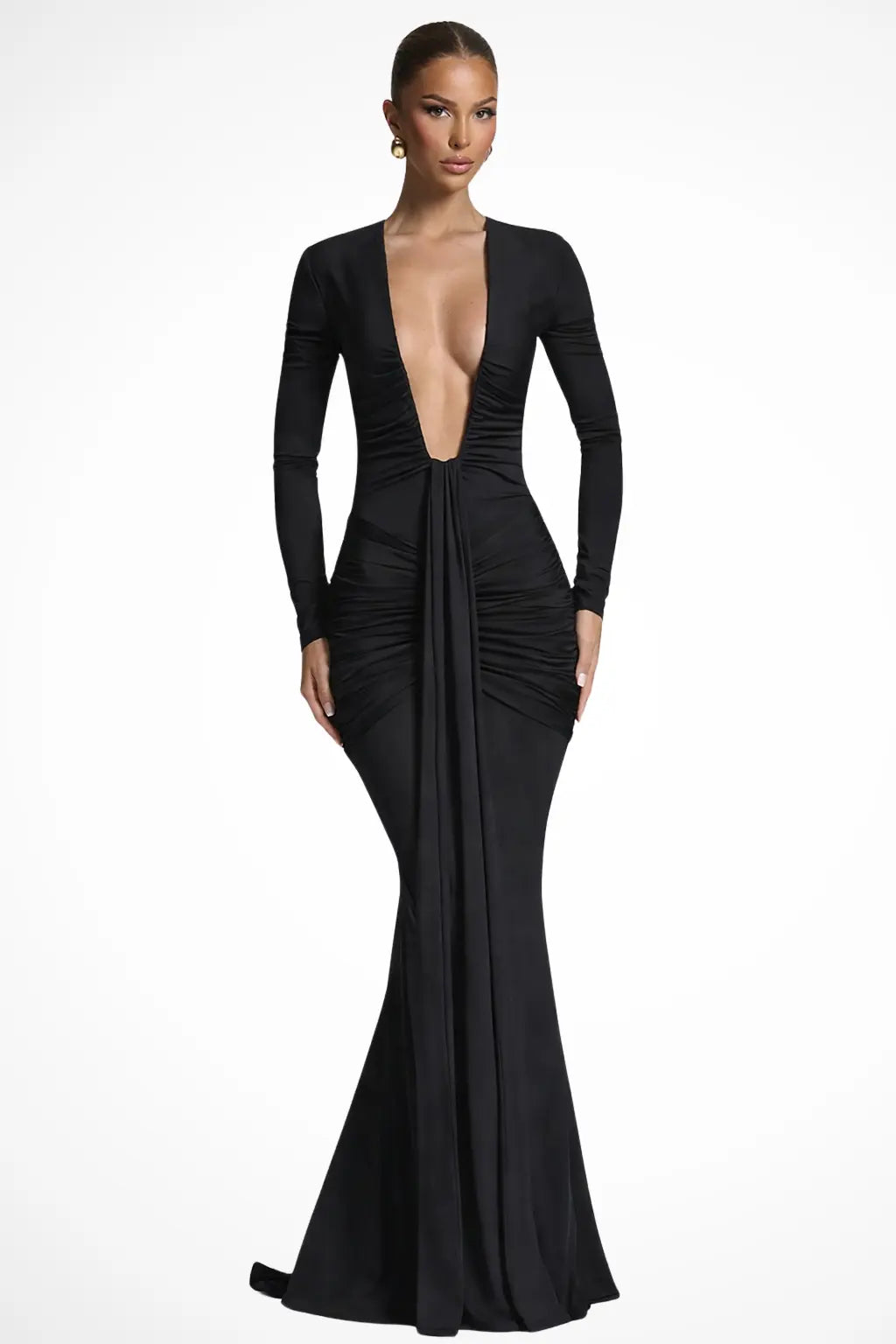 Margot | Women Long Sleeve Deep V Neck Ruched Fitted Maxi Wedding Guest Dress TARHUS