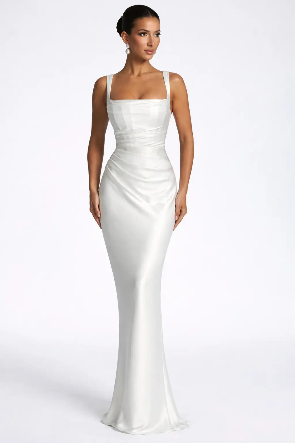 Vivienne | Women Square Neck Ruched Satin Maxi Wedding Guest Dress TARHUS