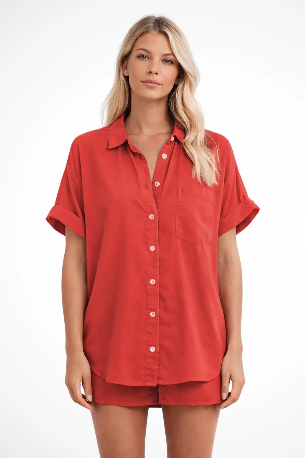 Phoebe | Women Short Sleeve Button Down Oversized Shirt with Chest Pocket TARHUS