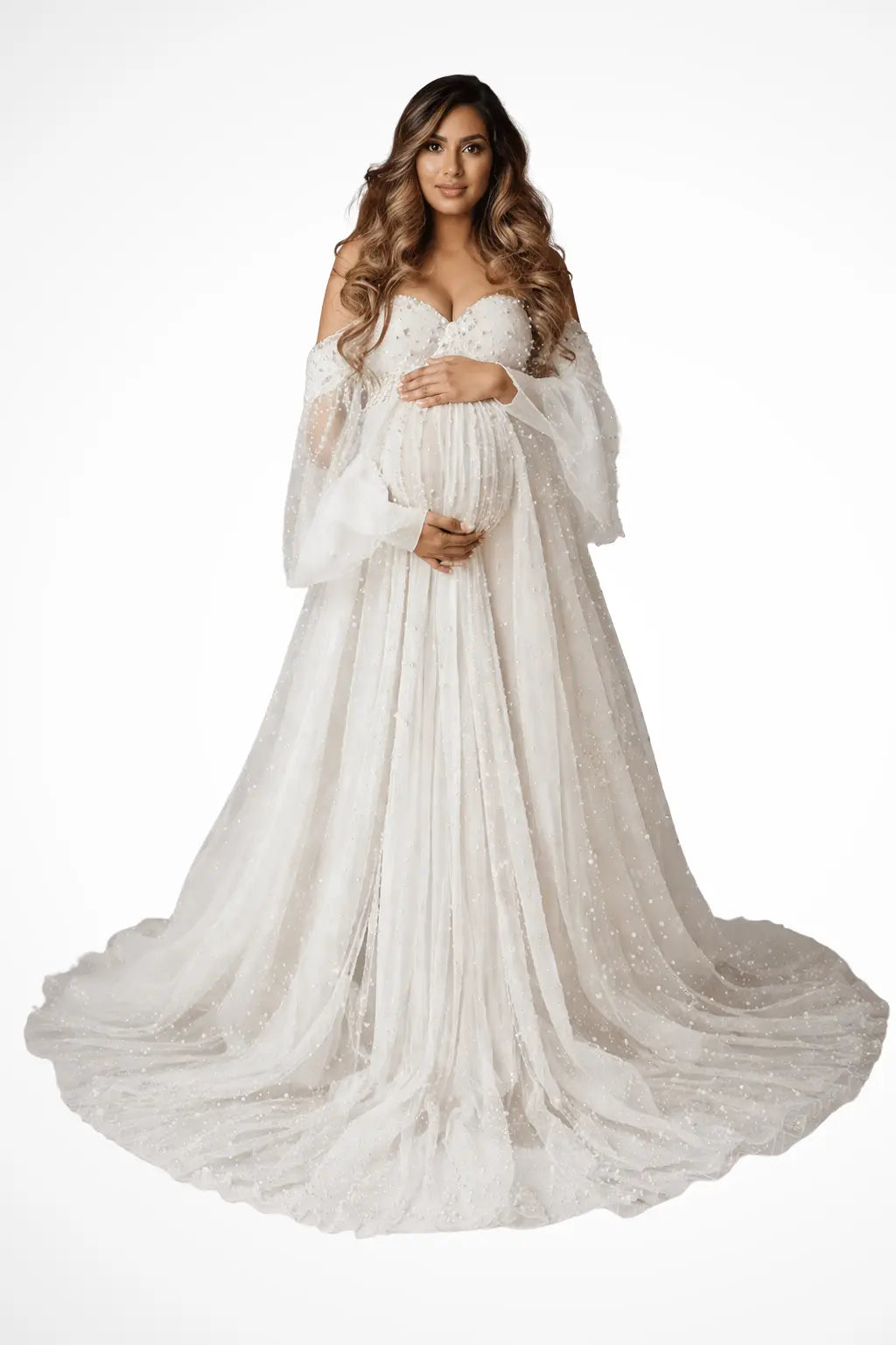 Celestine | Women Tulle Off Shoulder Maternity Maxi Dress with Pearl Detail TARHUS