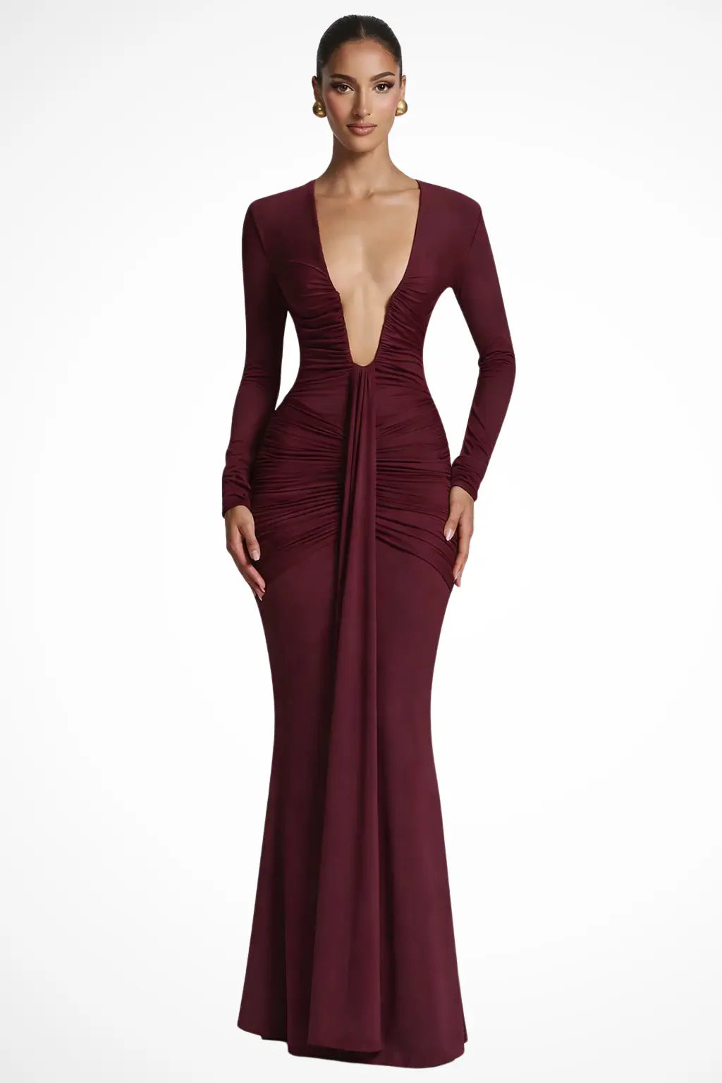 Margot | Women Long Sleeve Deep V Neck Ruched Fitted Maxi Wedding Guest Dress TARHUS