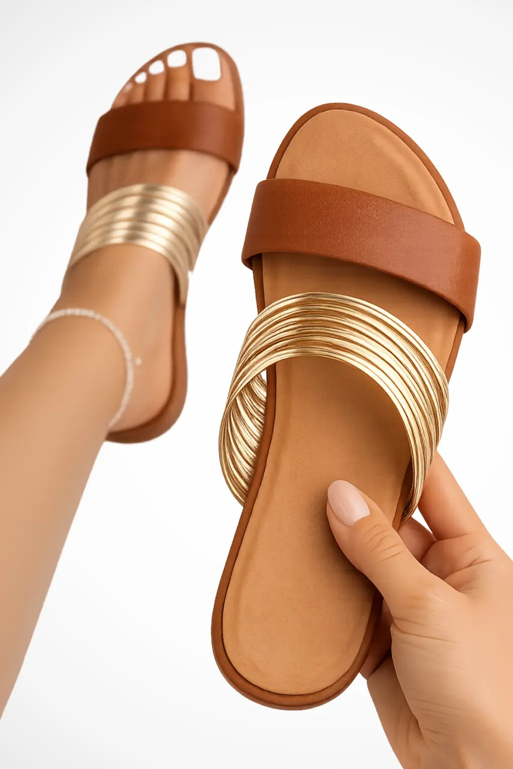 Cecily | Women Multi Ring Metallic Detail Open Toe Flat Slides TARHUS