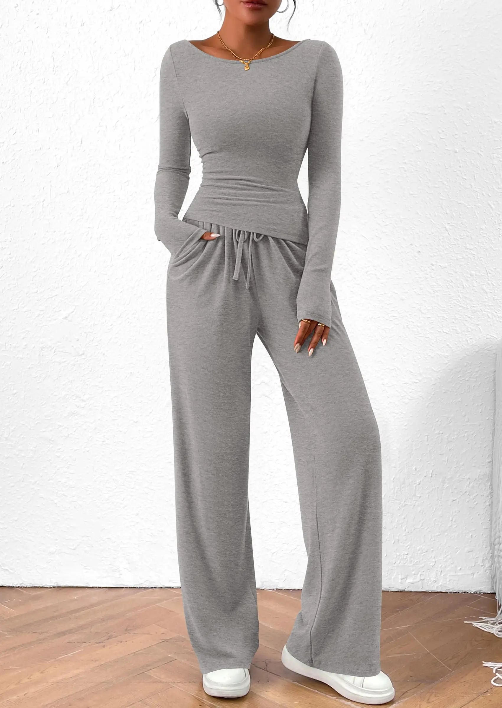 Long Sleeve T-Shirt Wide Leg Pants Casual 2 Piece Sets - TARHUS
