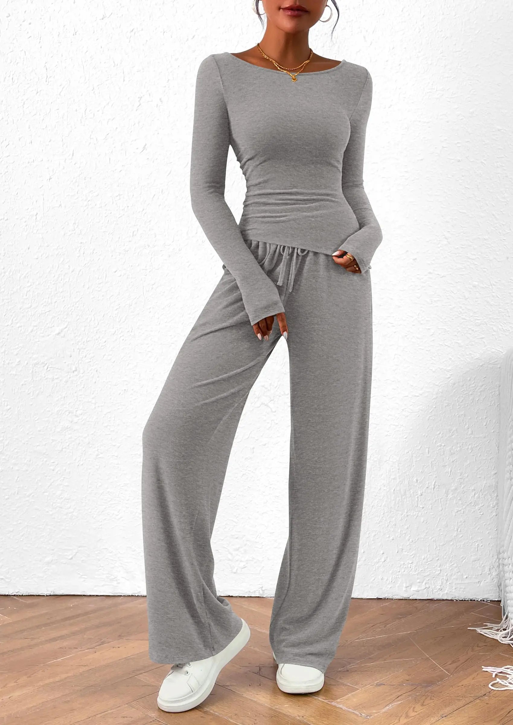Long Sleeve T-Shirt Wide Leg Pants Casual 2 Piece Sets - TARHUS