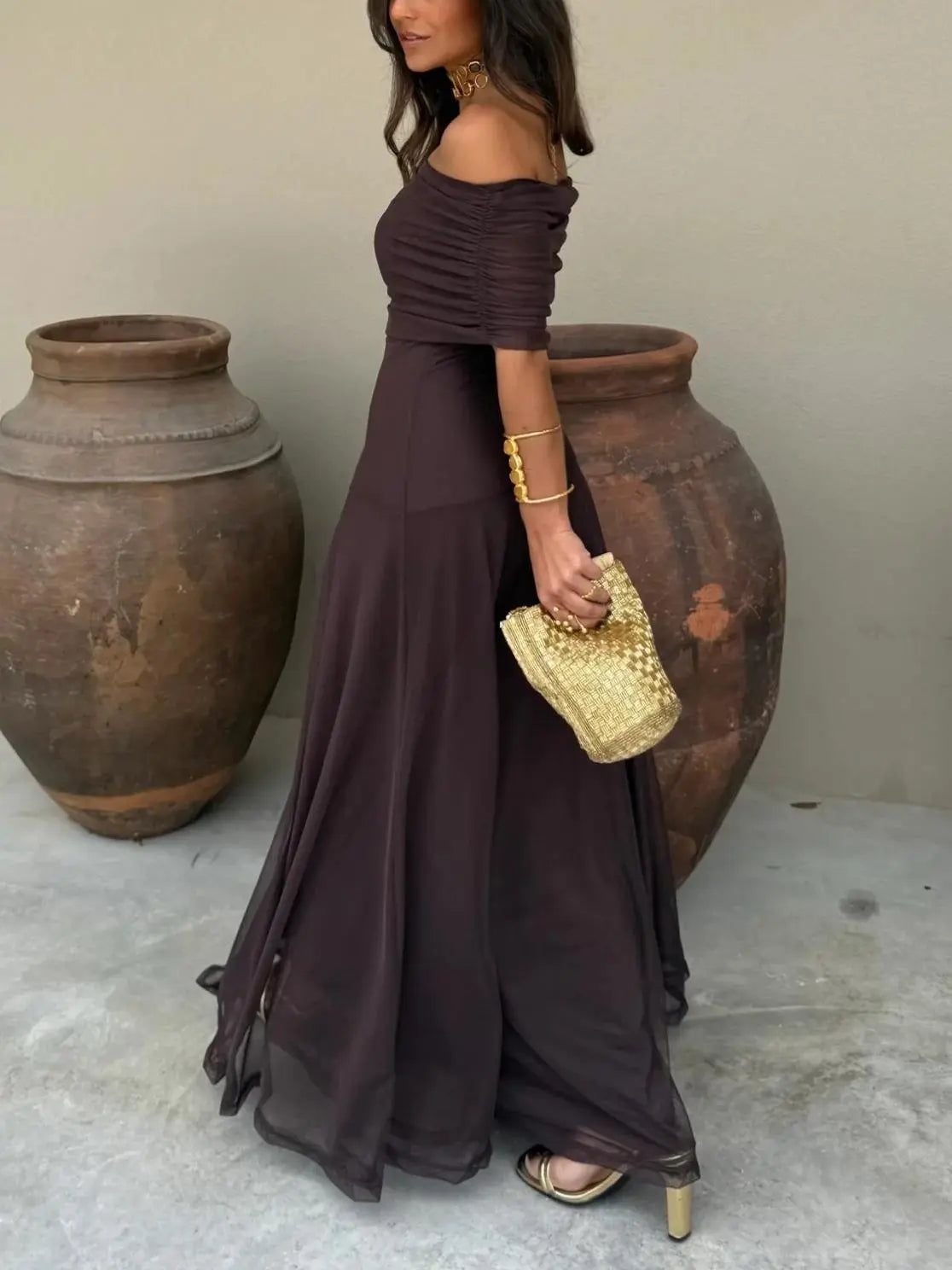 Off-Shoulder Maxi Dress with Chiffon Overlay for Women TARHUS SS - Womens - Dresses