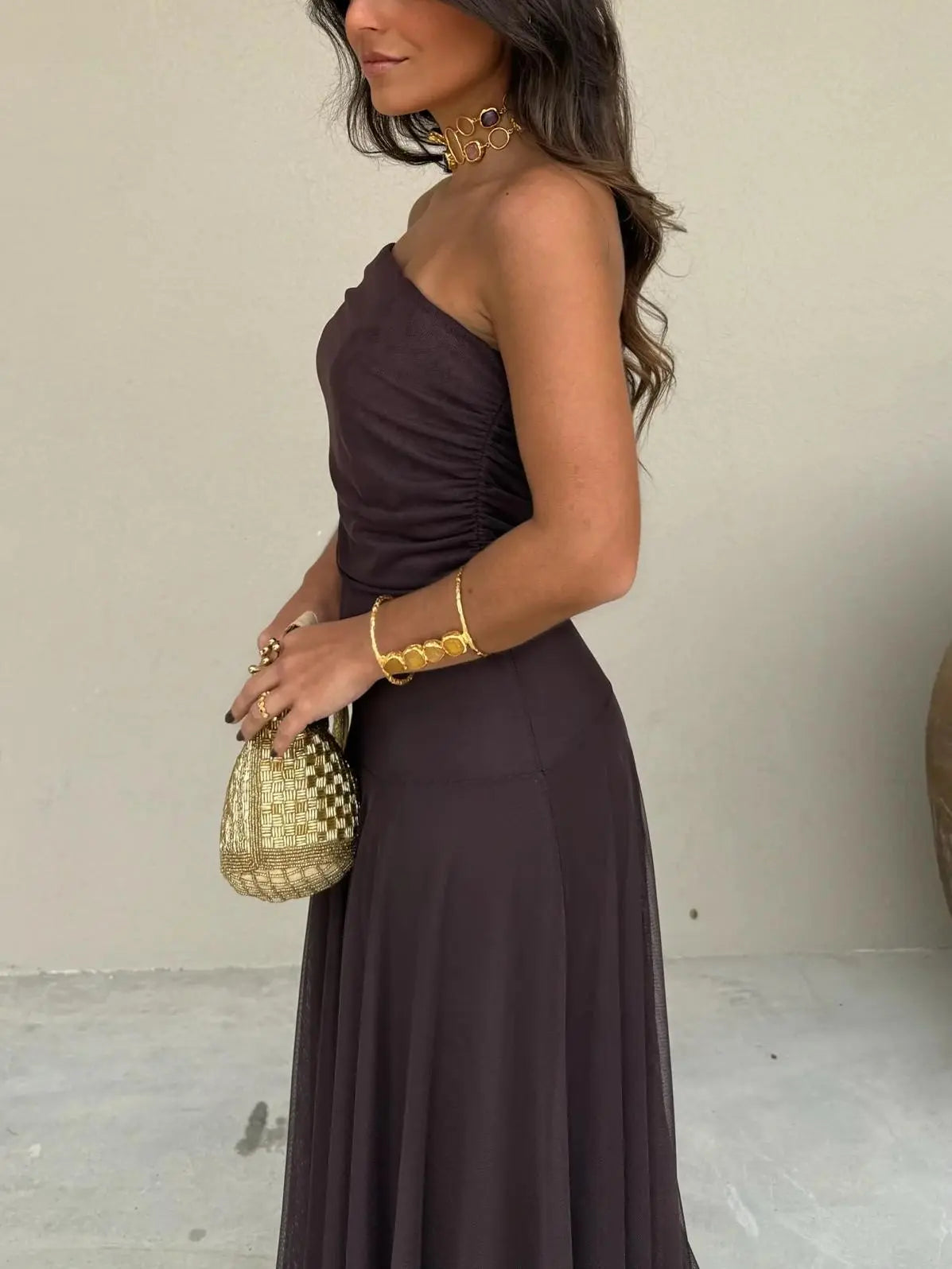 Off-Shoulder Maxi Dress with Chiffon Overlay for Women TARHUS SS - Womens - Dresses
