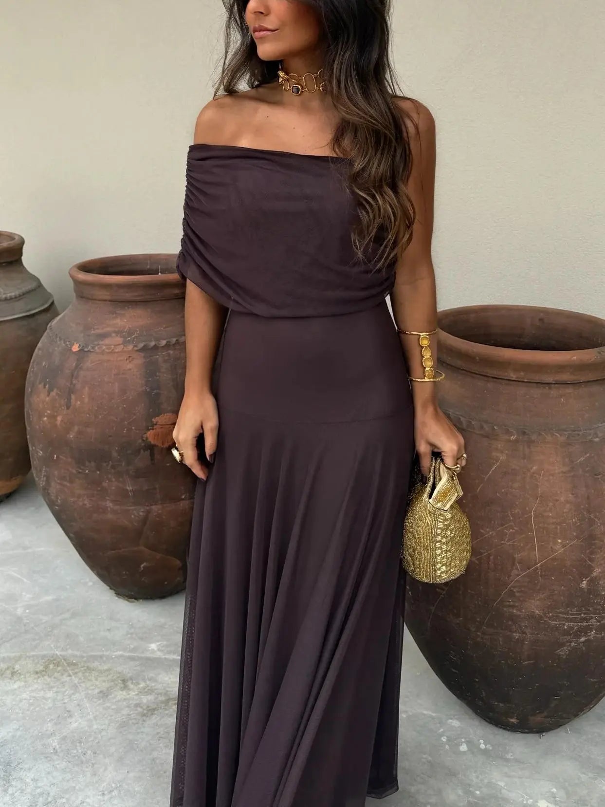 Off-Shoulder Maxi Dress with Chiffon Overlay for Women TARHUS SS - Womens - Dresses