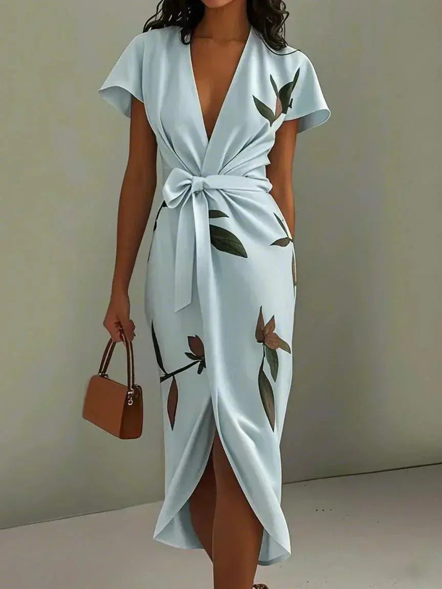 Satin Wrap Midi Dress with Leaf Print for Women TARHUS SS - Womens - Midi Dress