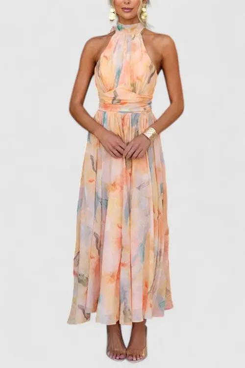 Thalia's Halter Neck Maxi Dress with Open Back and Watercolour Print - TARHUS