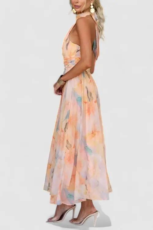 Thalia's Halter Neck Maxi Dress with Open Back and Watercolour Print - TARHUS