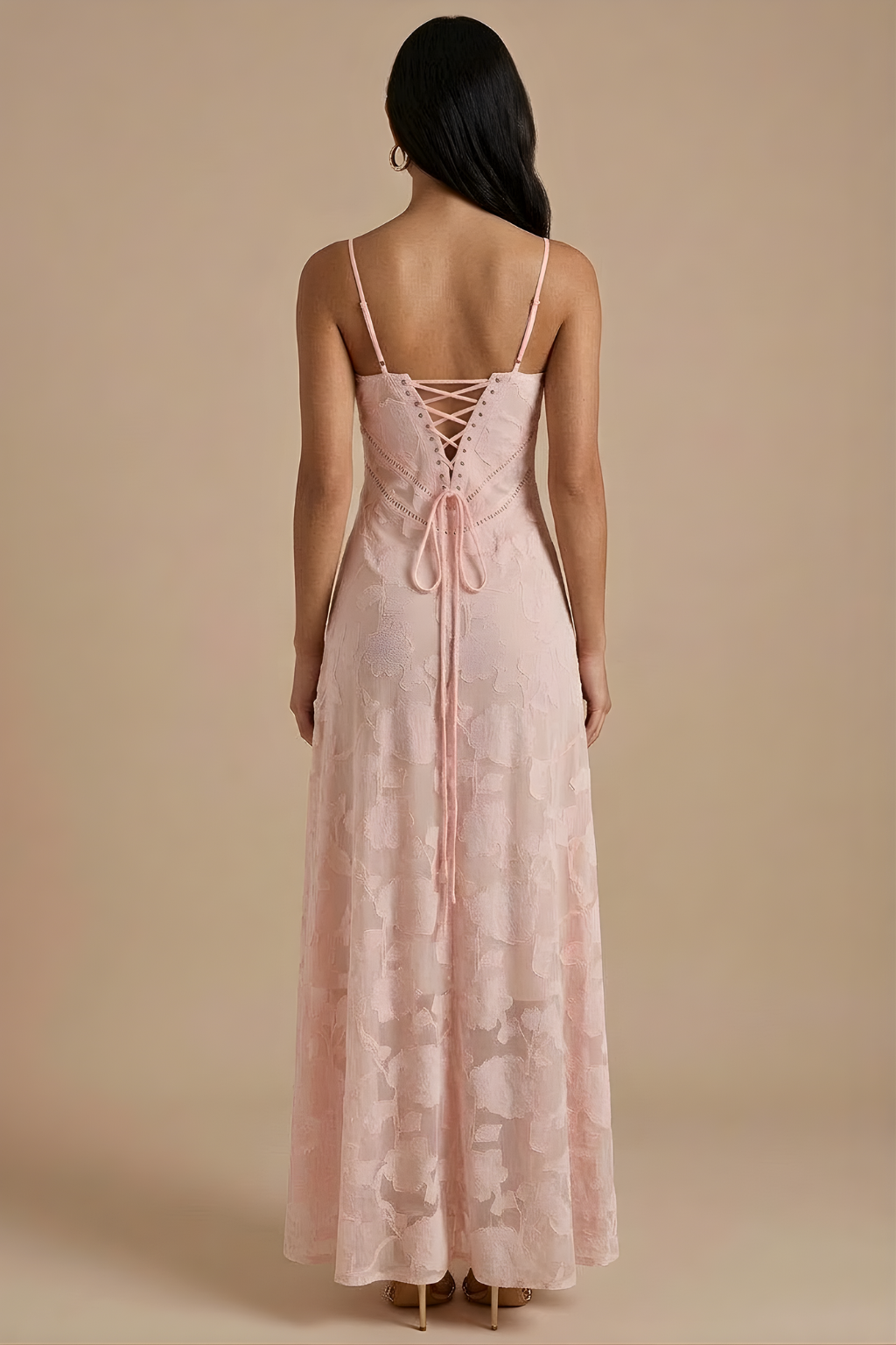 Women's Spaghetti Strap Lace Maxi Dress with Corset Lace-Up Back TARHUS Maxi Dresses