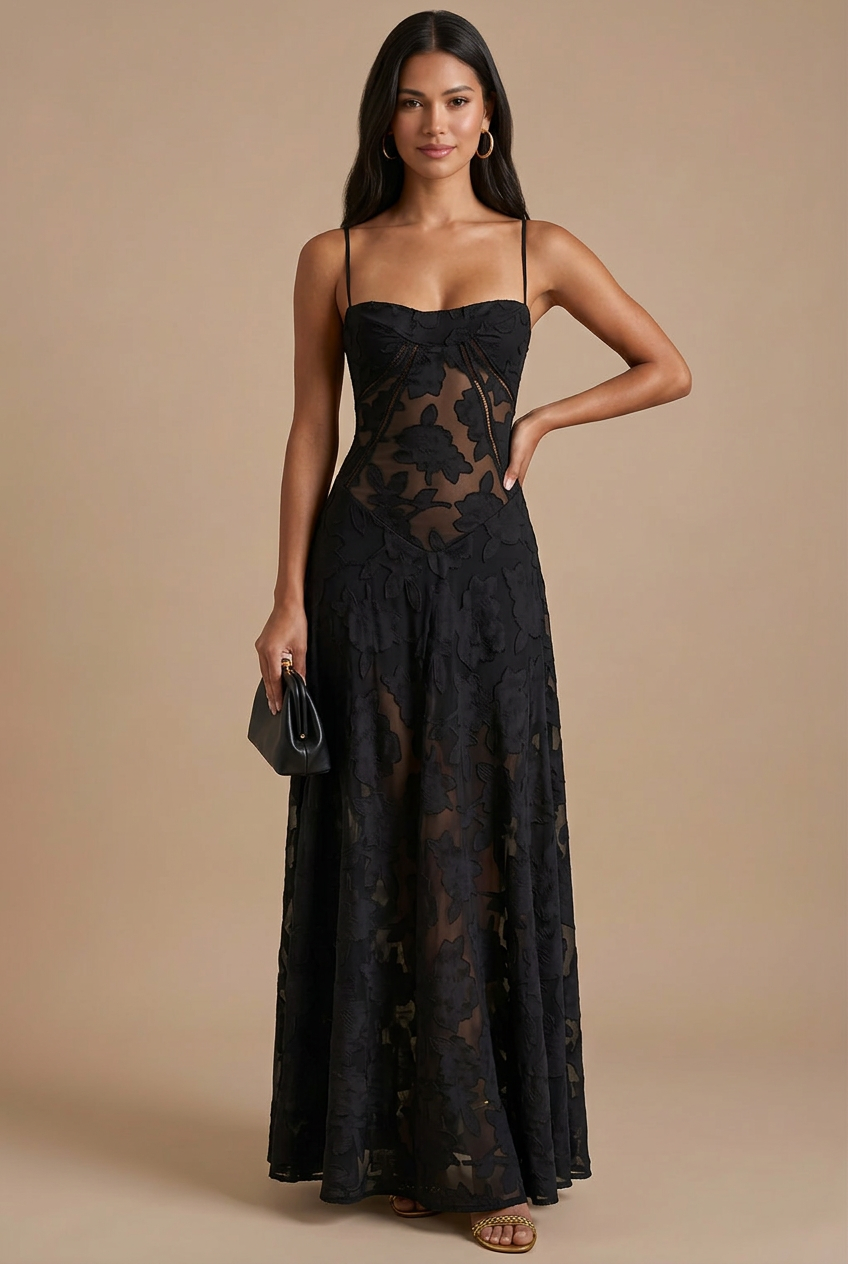 Women's Spaghetti Strap Lace Maxi Dress with Corset Lace-Up Back TARHUS Maxi Dresses
