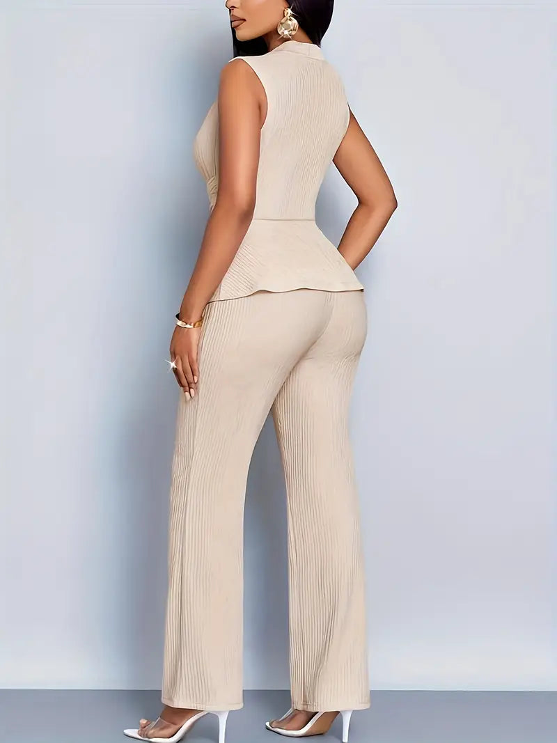Women's Knit V-Neck Sleeveless Peplum Top Wide Leg Pants Set TARHUS Outfit Sets